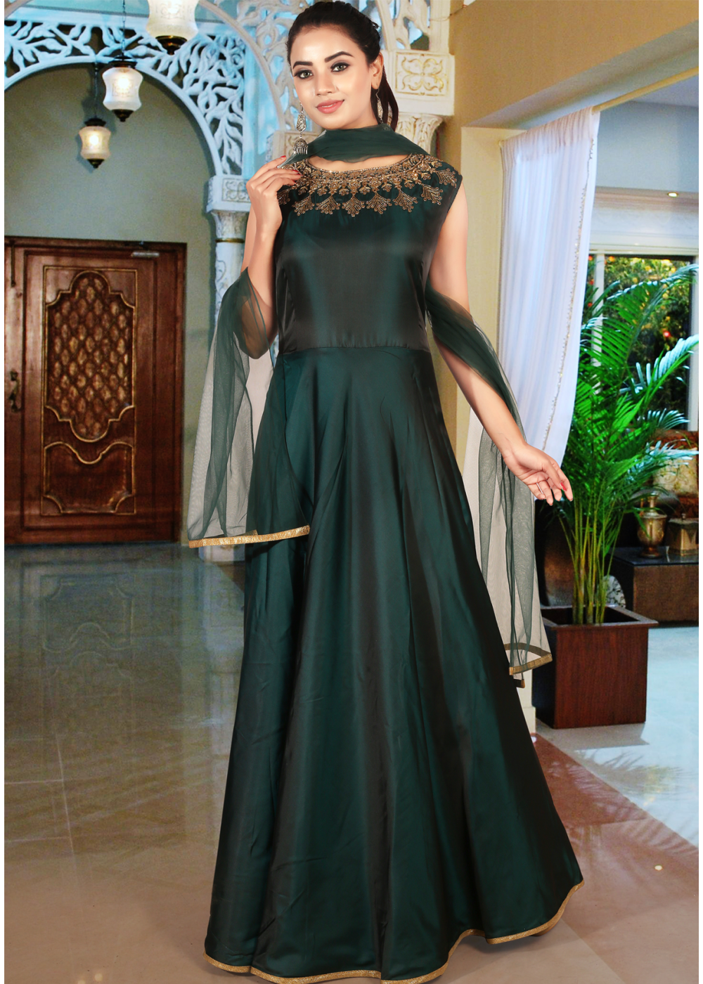 Dark Green Color Art Silk Designer Gown PLUS SIZE